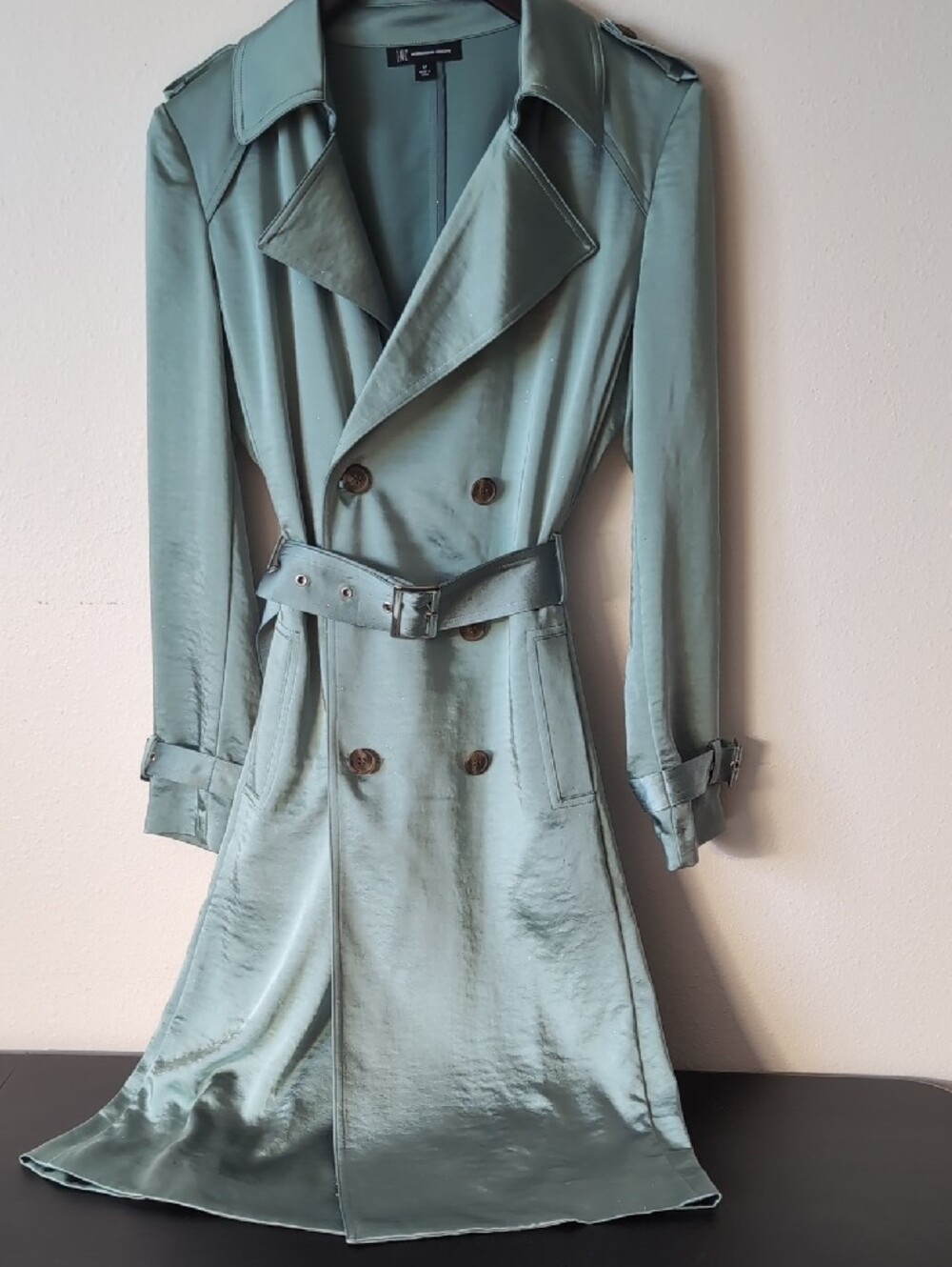 Satin Trench Coat in Teal - Picture 4 of 8